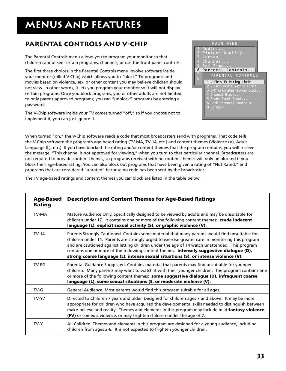 Parental controls and v-chip, Menus and features, 33 parental controls and v-chip | RCA MM52110 User Manual | Page 35 / 64