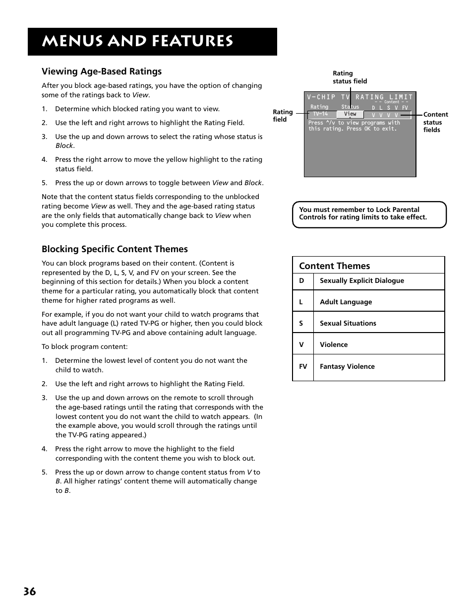 Menus and features, Viewing age-based ratings, Blocking specific content themes | Content themes | RCA MM52110 User Manual | Page 38 / 64