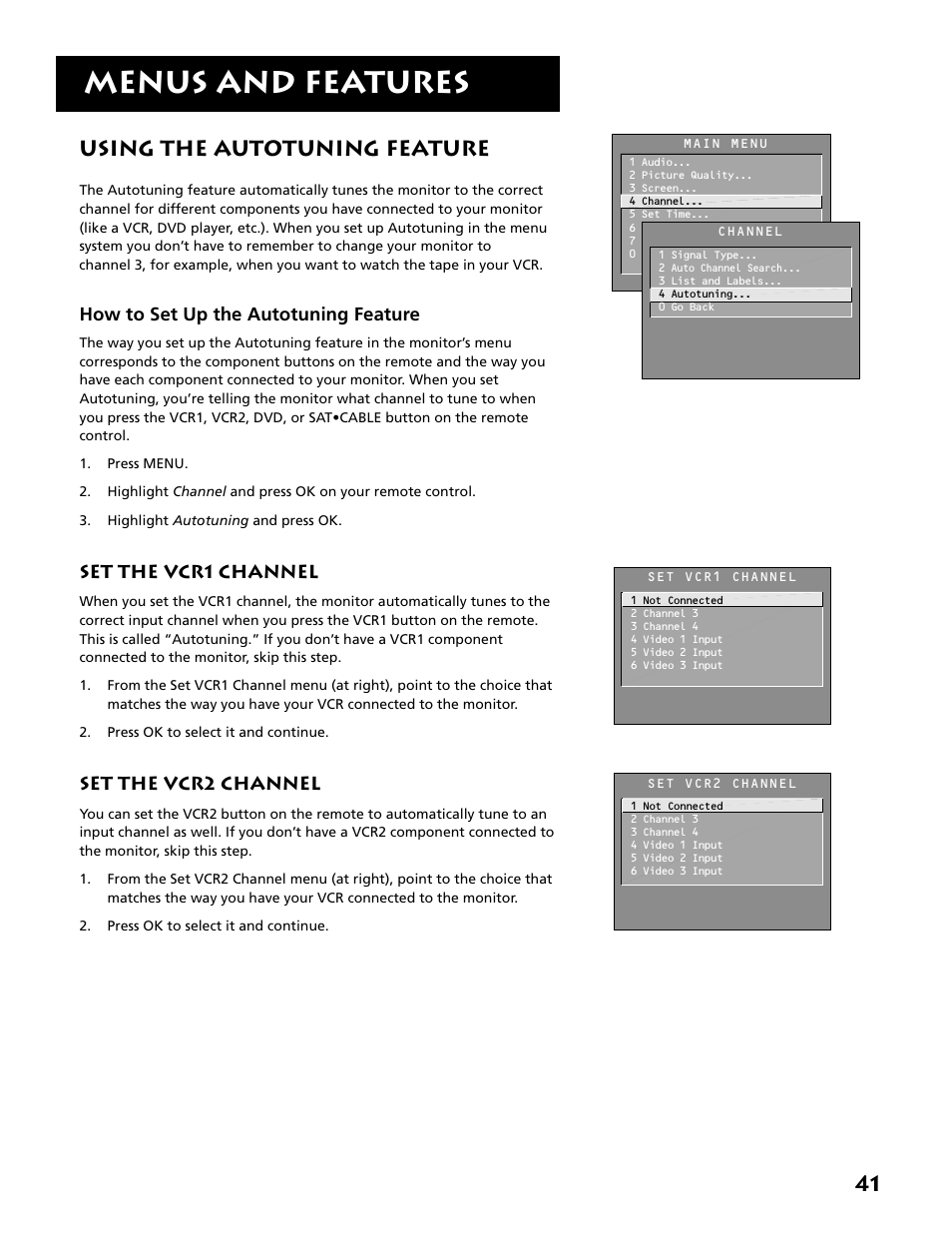 Using the autotuning feature, Set the vcr1 channel, Set the vcr2 channel | Menus and features, 41 using the autotuning feature, How to set up the autotuning feature | RCA MM52110 User Manual | Page 43 / 64