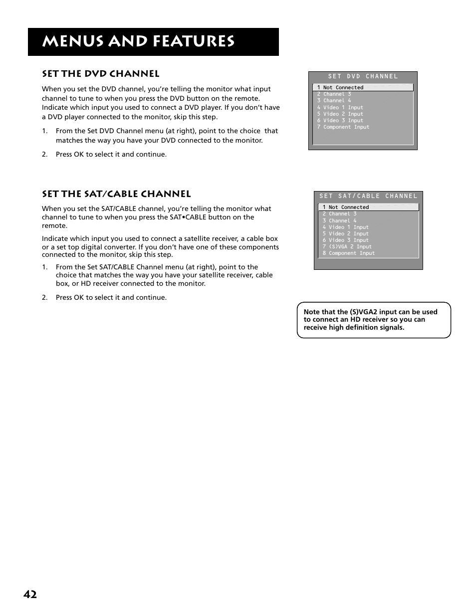 Set the dvd channel, Set the sat/cable channel, Menus and features | RCA MM52110 User Manual | Page 44 / 64