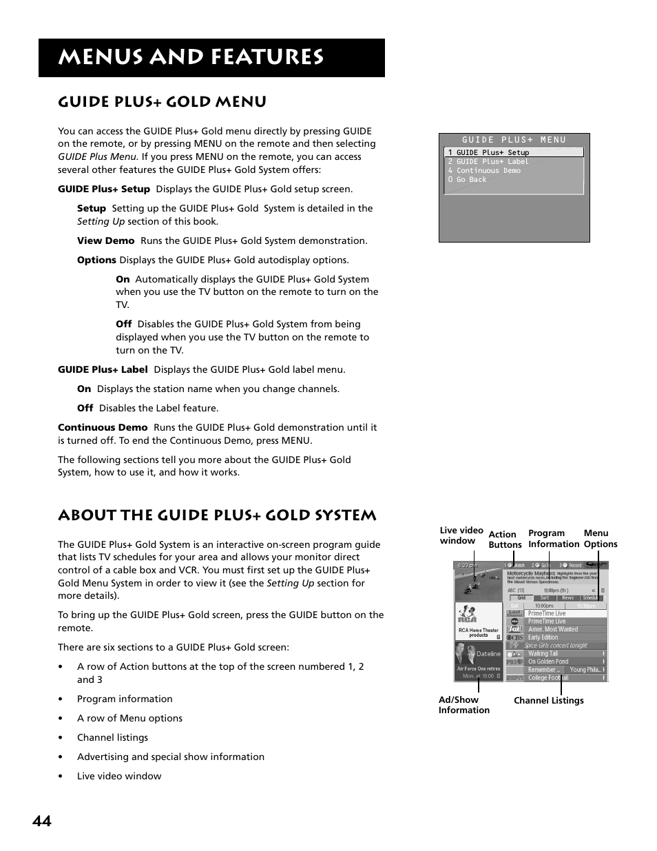 Guide plus+ gold menu, About the guide plus+ gold system, Menus and features | RCA MM52110 User Manual | Page 46 / 64