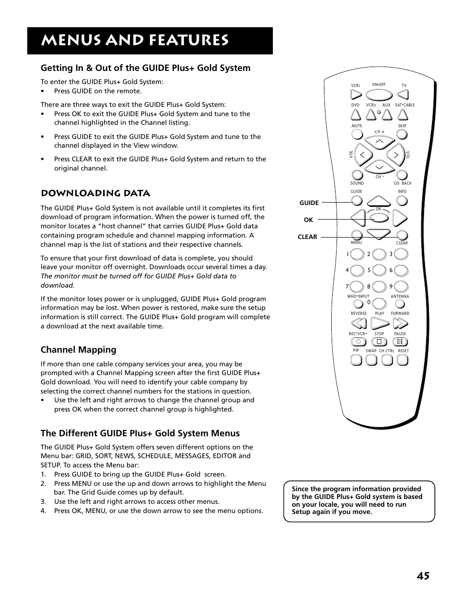 Downloading data, Menus and features, Getting in & out of the guide pius+ gold system | Channel mapping, The different guide pius+ gold system menus | RCA MM52110 User Manual | Page 47 / 64