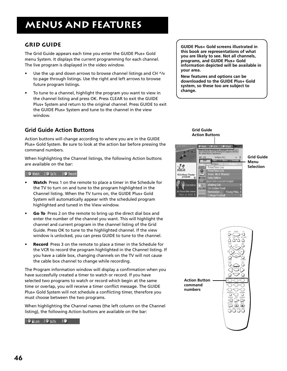 Grid guide, Menus and features, Grid guide action buttons | Grid guide menu selection | RCA MM52110 User Manual | Page 48 / 64