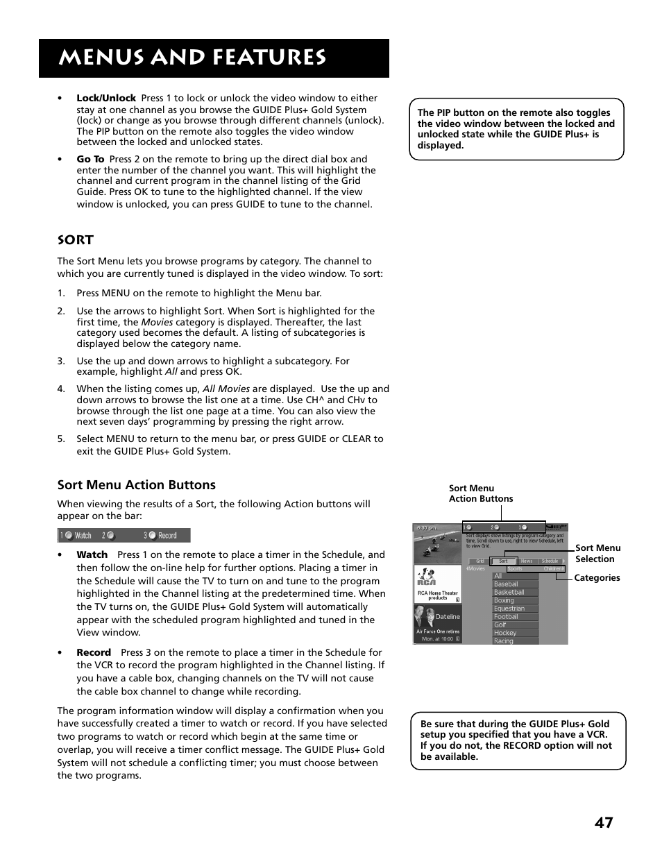 Sort, Menus and features | RCA MM52110 User Manual | Page 49 / 64
