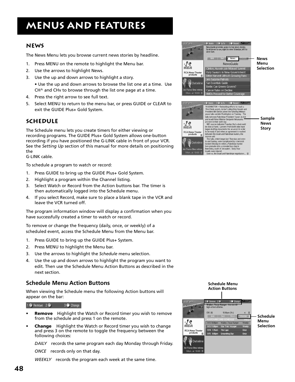 News, Schedule, Menus and features | RCA MM52110 User Manual | Page 50 / 64