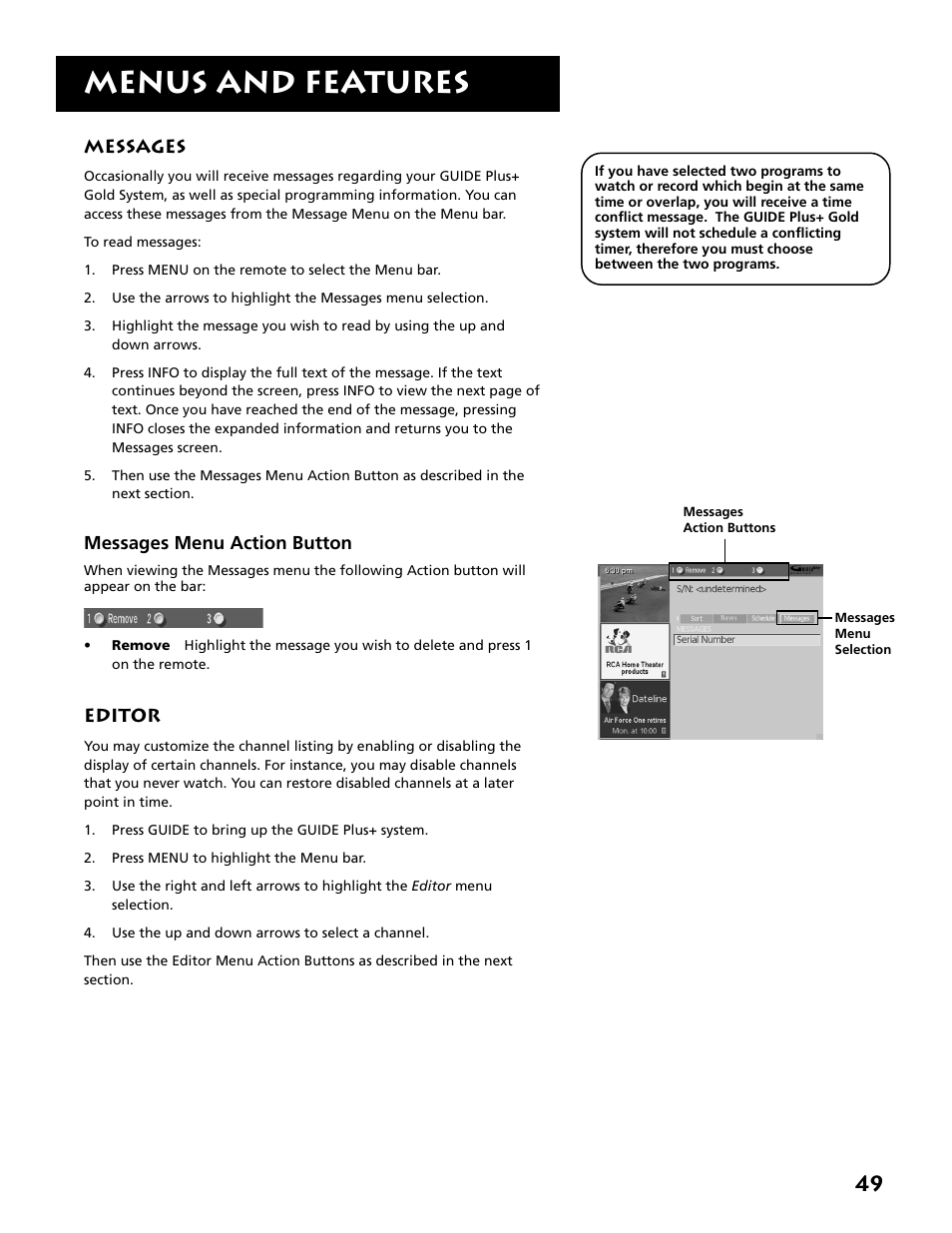 Messages, Editor, Menus and features | RCA MM52110 User Manual | Page 51 / 64