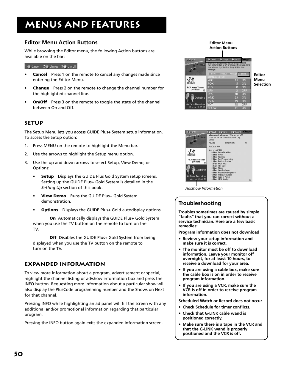 Setup, Expanded information, Menus and features | RCA MM52110 User Manual | Page 52 / 64