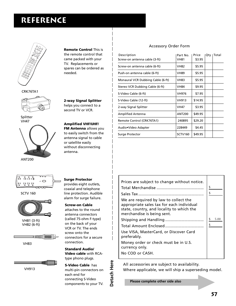 Accessory order form, Reference, Detach her e | Please complete other side also, Crk76ta1, Sctv 160 | RCA MM52110 User Manual | Page 59 / 64