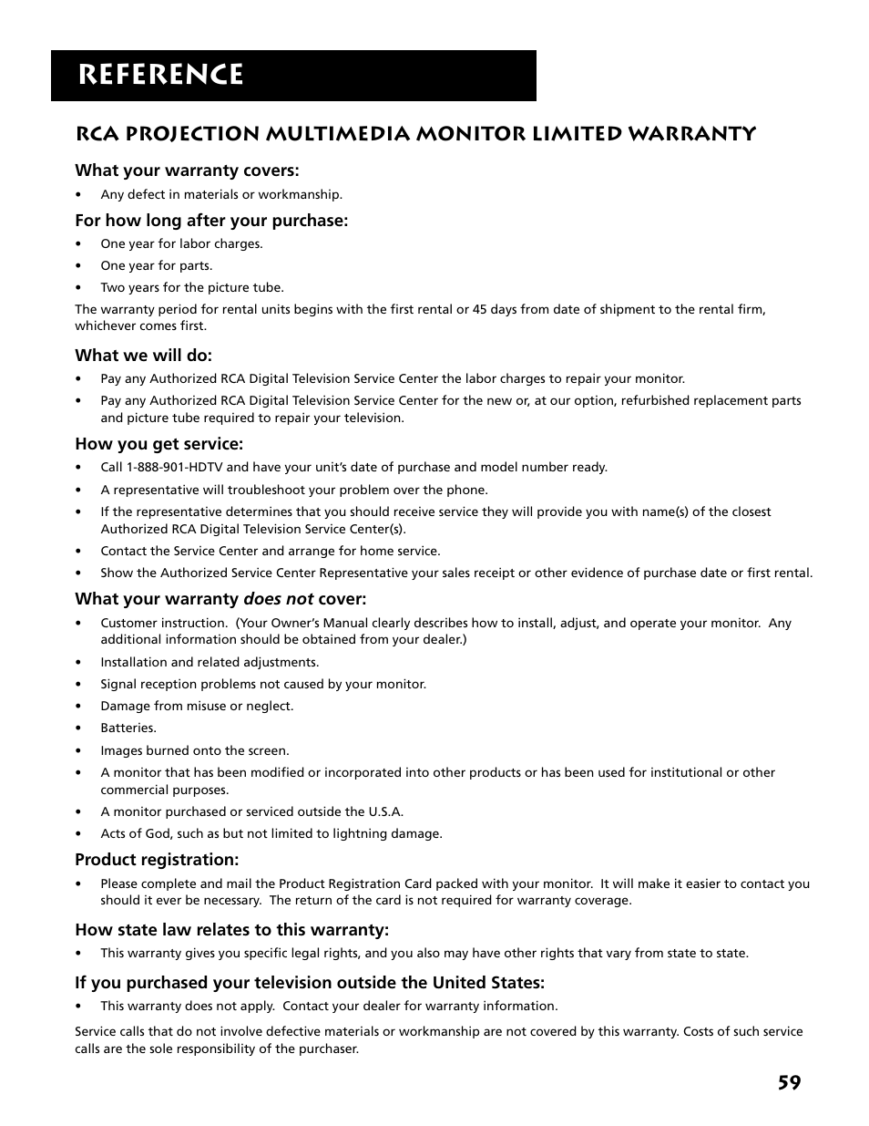 Rca projection multimedia monitor limited warranty, Reference | RCA MM52110 User Manual | Page 61 / 64