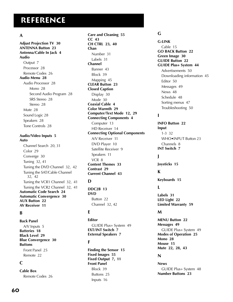 Index, Reference | RCA MM52110 User Manual | Page 62 / 64