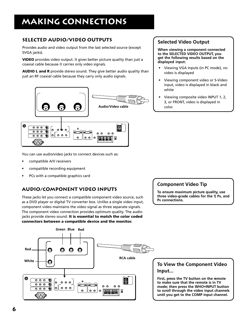 Audio/component video inputs, Making connections, Selected audio/video outputs | Selected video output, Component video tip, And p, Connections, Rca cable, Audio/video cable, Red white green blue red | RCA MM52110 User Manual | Page 8 / 64