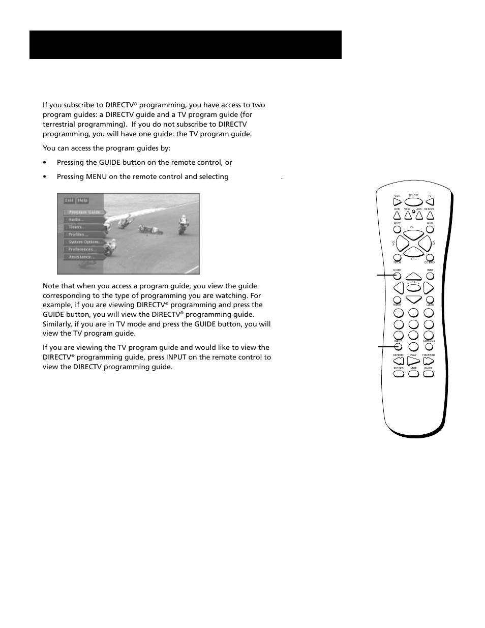 Bringing up the program guides, Using the program guides, 32 bringing up the program guides | If you subscribe to directv | RCA HD Receiver User Manual | Page 34 / 96