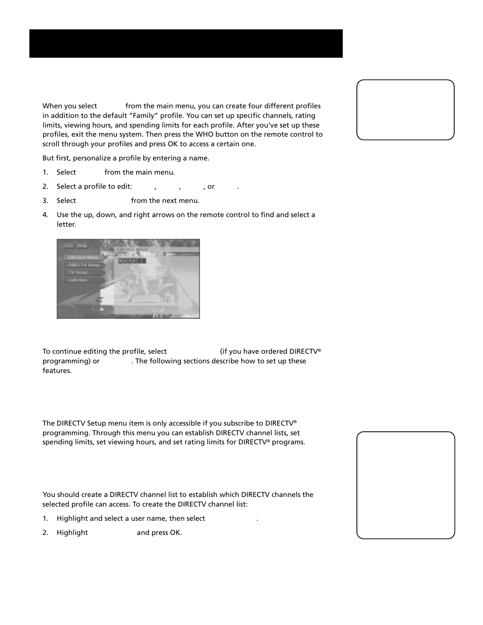 About profiles, The directv setup, Editing channels in a directv list | Using the profiles, 50 about profiles | RCA HD Receiver User Manual | Page 52 / 96