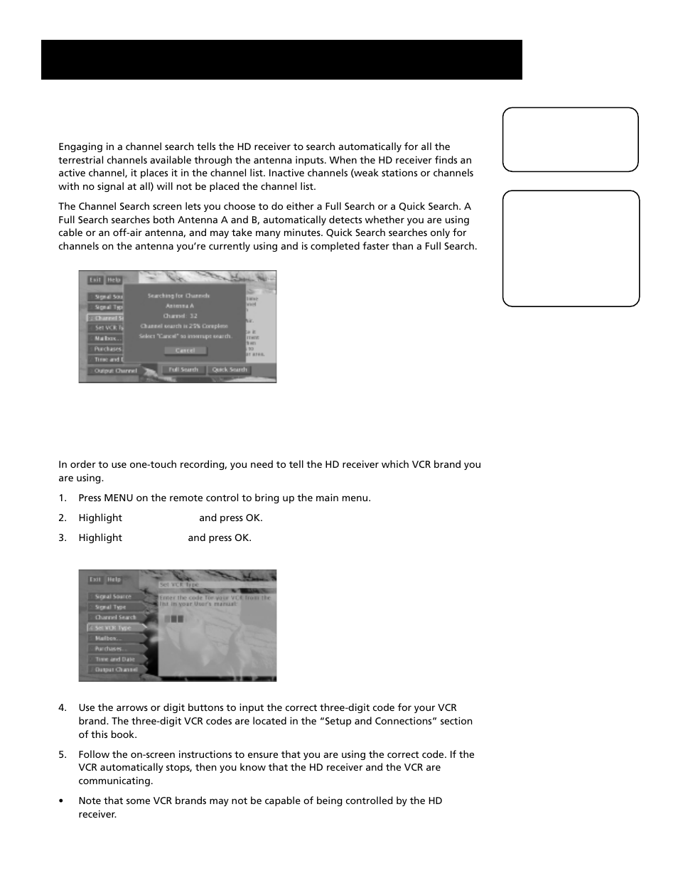 Channel search, Set vcr type, System options and preferences | 65 channel search | RCA HD Receiver User Manual | Page 67 / 96