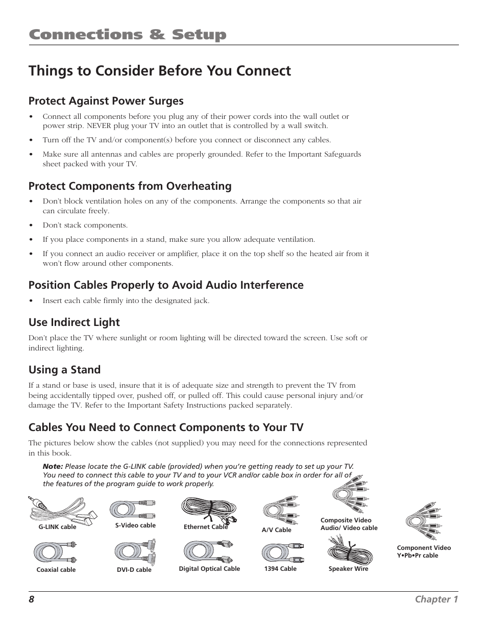 Connections & setup, Things to consider before you connect, Protect against power surges | Protect components from overheating, Use indirect light, Using a stand, Cables you need to connect components to your tv | RCA HD56W41 User Manual | Page 10 / 96