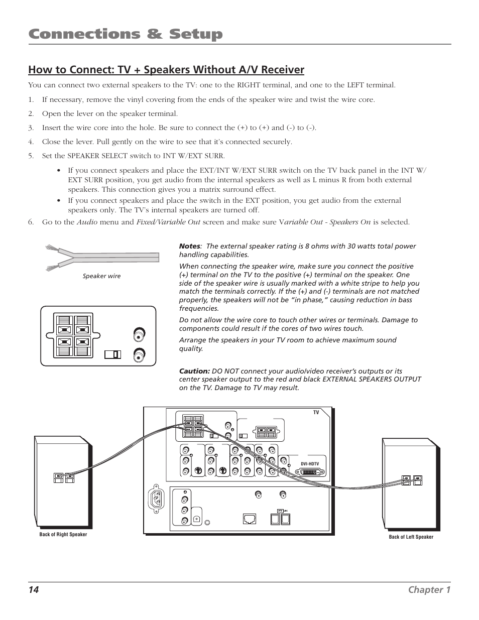 Connections & setup, How to connect: tv + speakers without a/v receiver, 14 chapter 1 | Speaker wire | RCA HD56W41 User Manual | Page 16 / 96