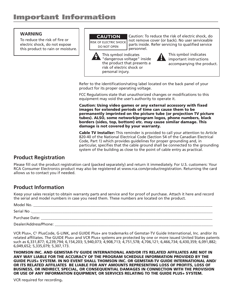 Important information, Product registration, Product information | RCA HD56W41 User Manual | Page 2 / 96