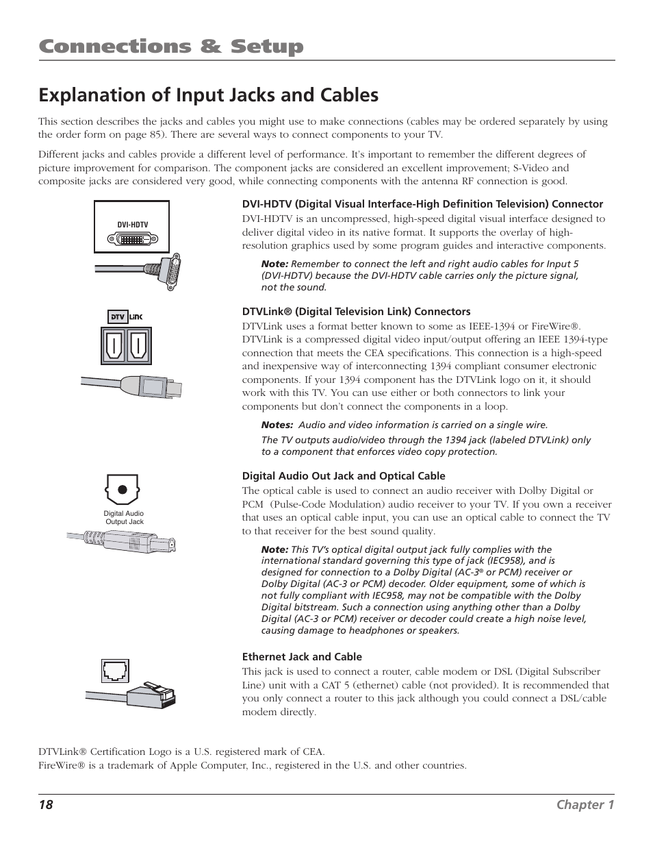 Connections & setup, Explanation of input jacks and cables, 18 chapter 1 | RCA HD56W41 User Manual | Page 20 / 96