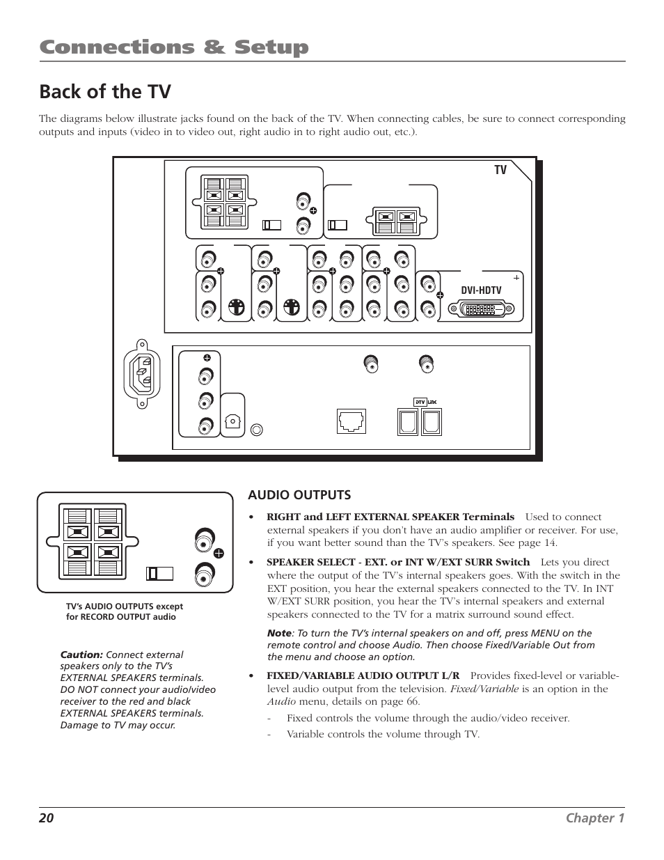 Connections & setup, Back of the tv, 20 chapter 1 | Audio outputs, Dvi-hdtv, Tv’s audio outputs except for record output audio | RCA HD56W41 User Manual | Page 22 / 96