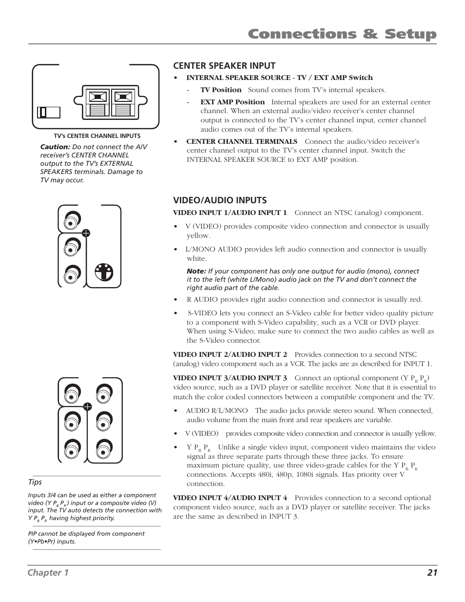 Connections & setup, Chapter 1 21 center speaker input, Video/audio inputs | RCA HD56W41 User Manual | Page 23 / 96