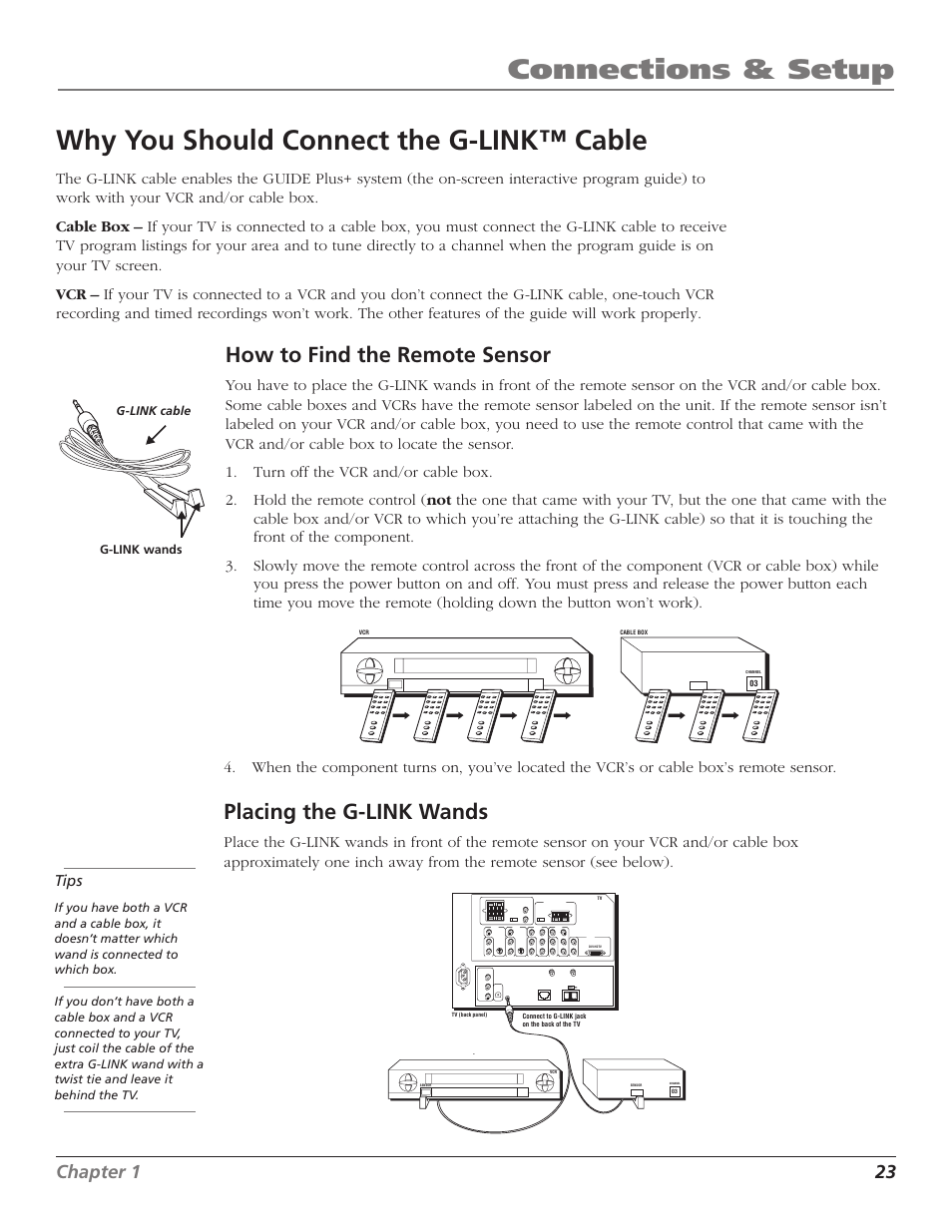 Connections & setup, Why you should connect the g-link™ cable, Placing the g-link wands | How to find the remote sensor, Chapter 1 23 | RCA HD56W41 User Manual | Page 25 / 96