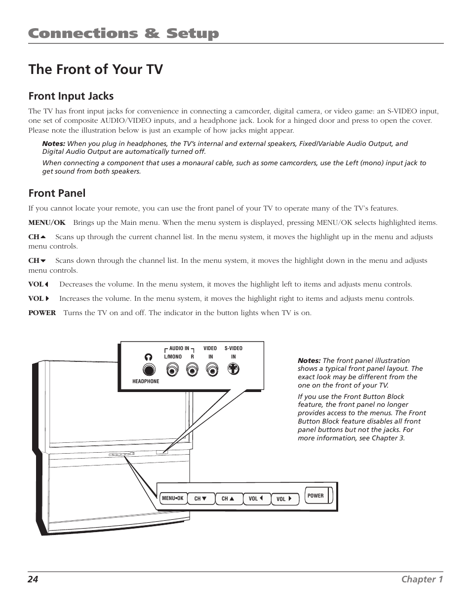 Connections & setup, The front of your tv, Front input jacks | Front panel, 24 chapter 1 | RCA HD56W41 User Manual | Page 26 / 96