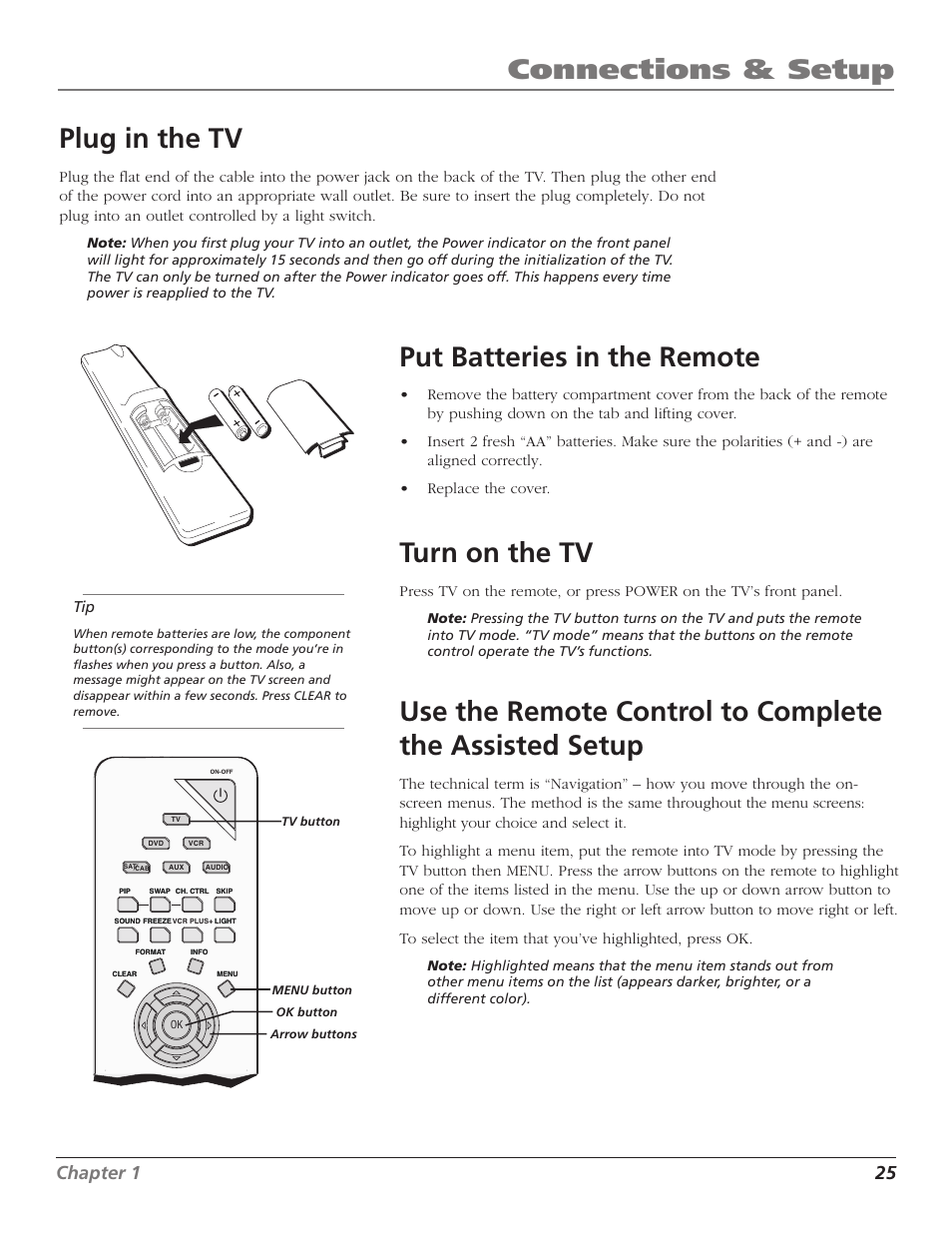 Connections & setup, Plug in the tv, Put batteries in the remote | Turn on the tv, Chapter 1 25 | RCA HD56W41 User Manual | Page 27 / 96