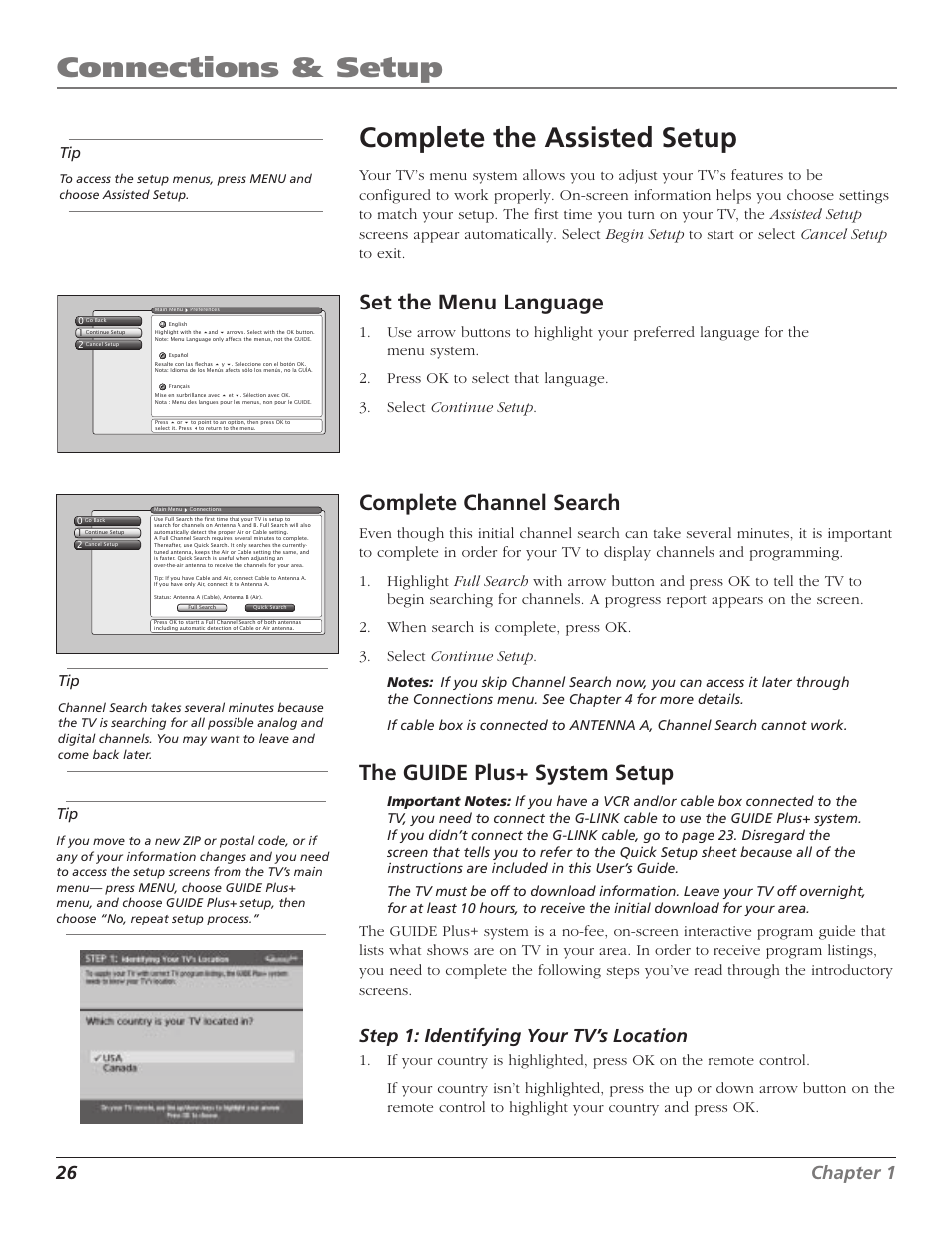 Connections & setup, Complete the assisted setup, Set the menu language | Complete channel search, The guide plus+ system setup, 26 chapter 1, Step 1: identifying your tv’s location | RCA HD56W41 User Manual | Page 28 / 96