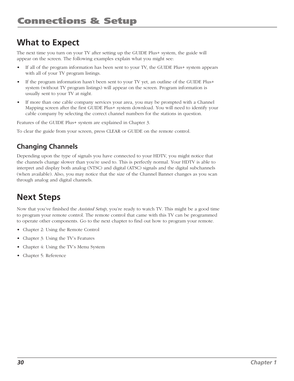 Connections & setup, What to expect, Next steps | Changing channels | RCA HD56W41 User Manual | Page 32 / 96