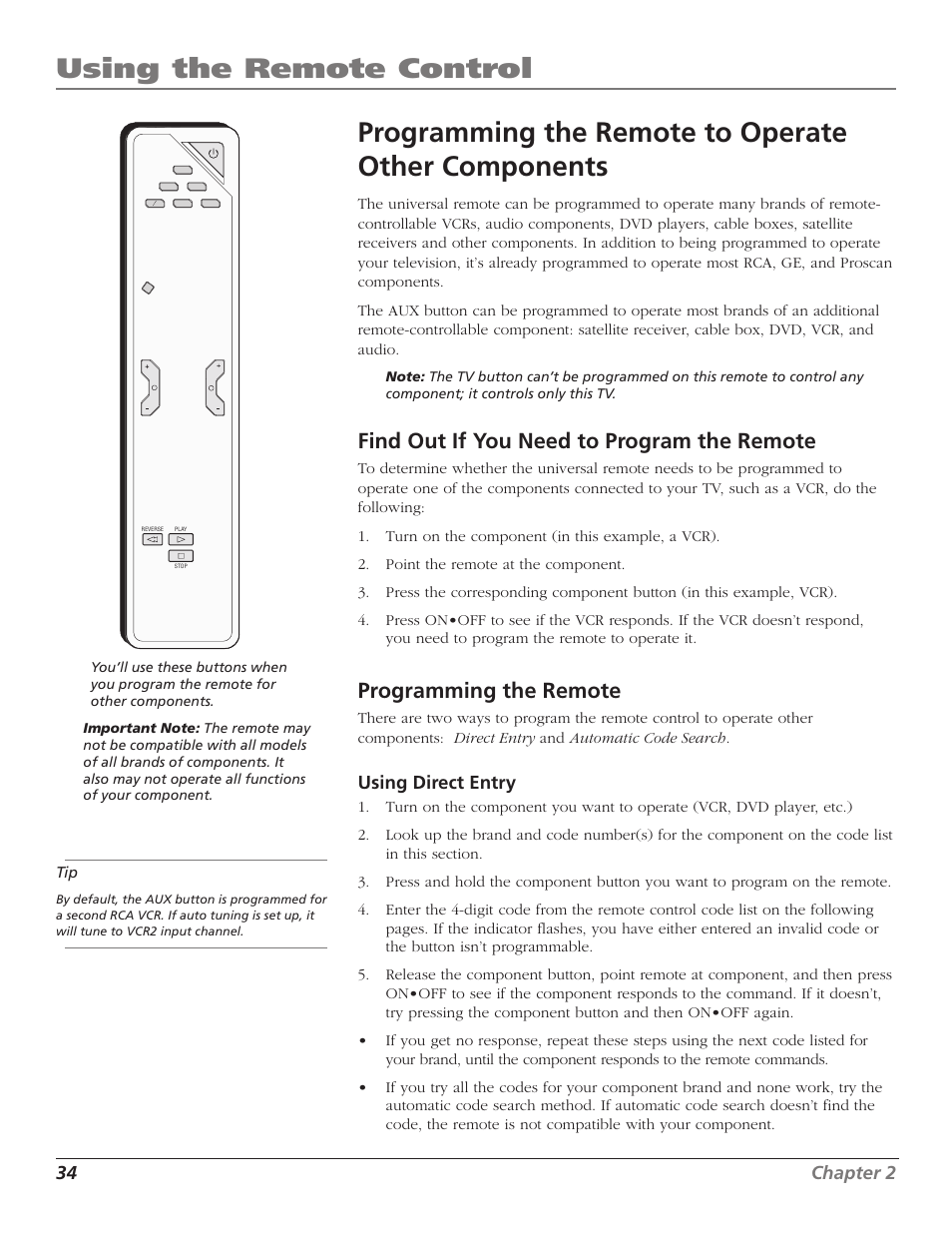 Using the remote control, Programming the remote to operate other components, Find out if you need to program the remote | Programming the remote, 34 chapter 2, Using direct entry | RCA HD56W41 User Manual | Page 36 / 96