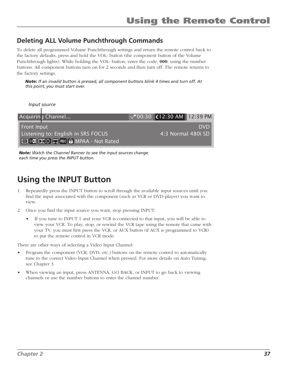 Using the remote control, Using the input button, Deleting all volume punchthrough commands | RCA HD56W41 User Manual | Page 39 / 96