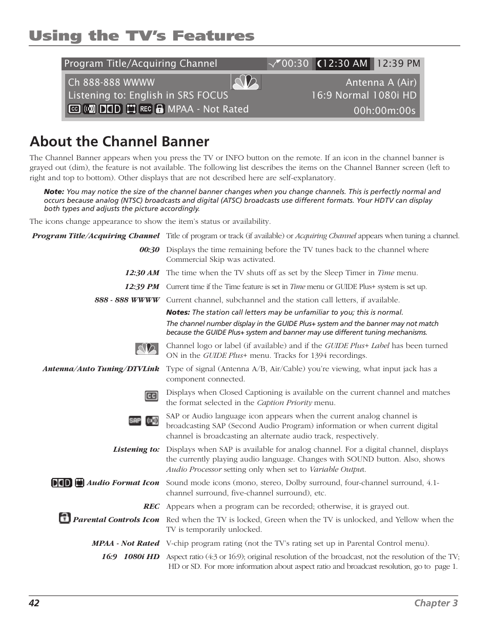 Using the tv’s features, About the channel banner | RCA HD56W41 User Manual | Page 44 / 96