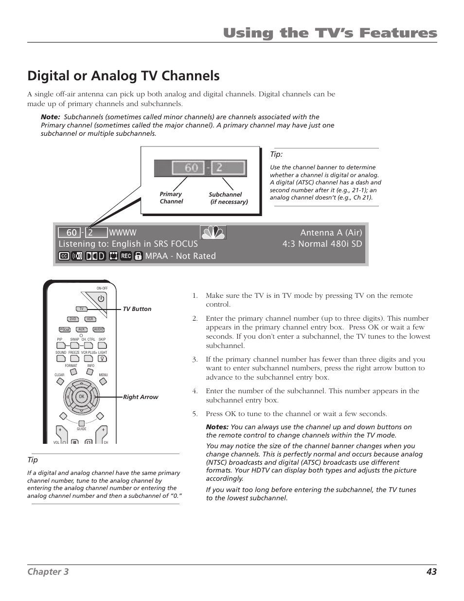 Using the tv’s features, Digital or analog tv channels, Chapter 3 43 | RCA HD56W41 User Manual | Page 45 / 96