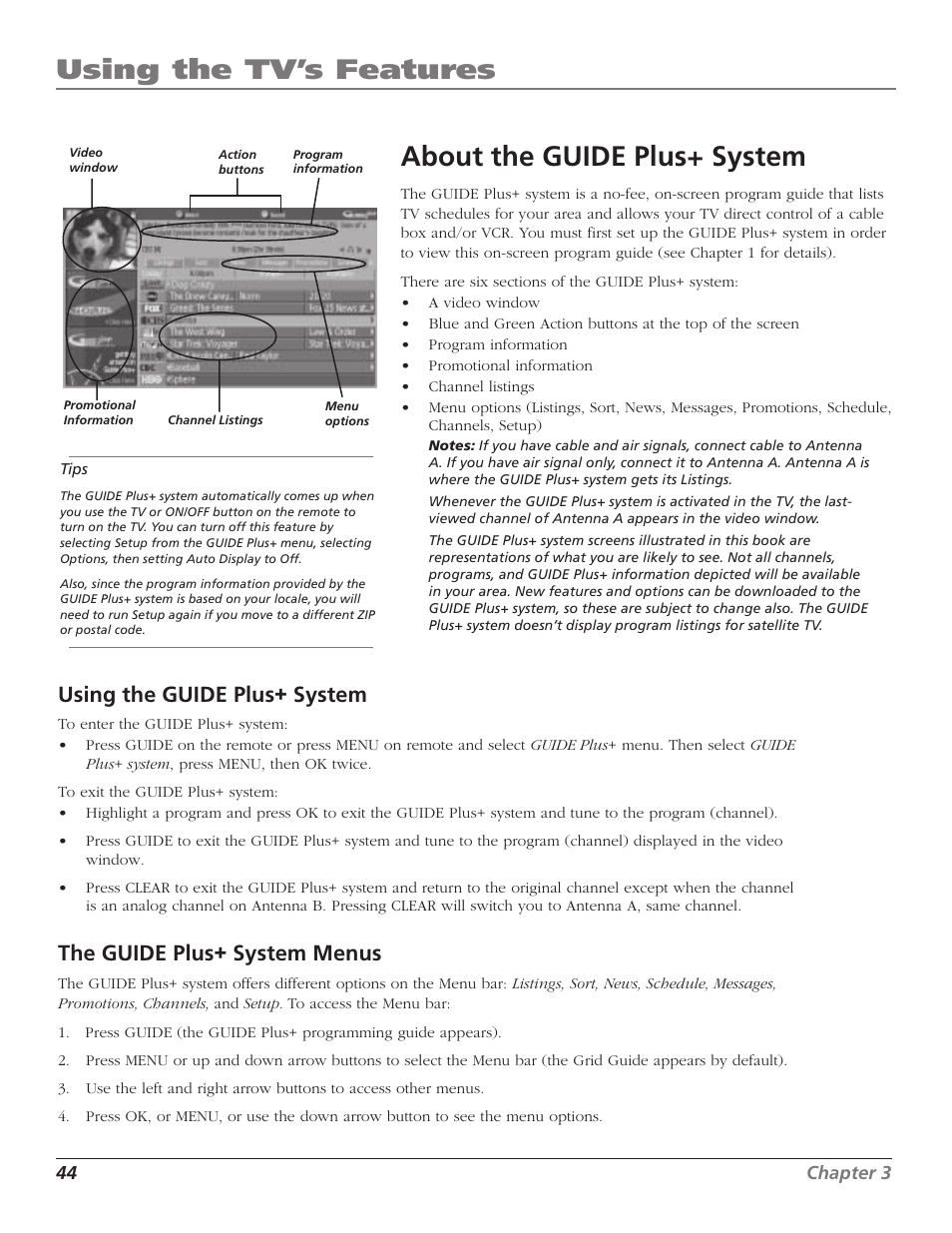 Using the tv’s features, About the guide plus+ system, Using the guide plus+ system | The guide plus+ system menus | RCA HD56W41 User Manual | Page 46 / 96