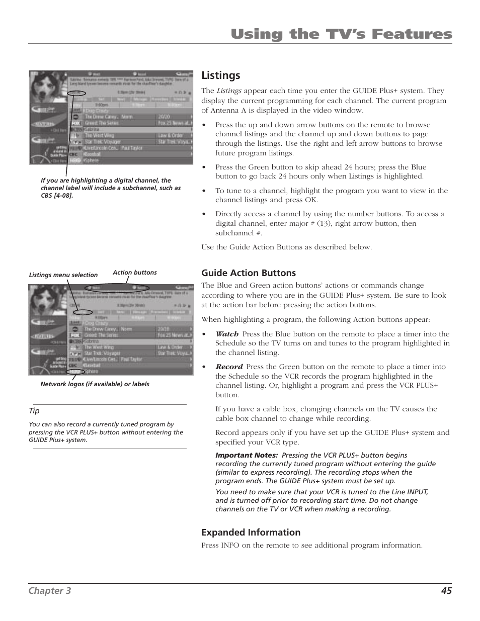 Using the tv’s features, Listings | RCA HD56W41 User Manual | Page 47 / 96