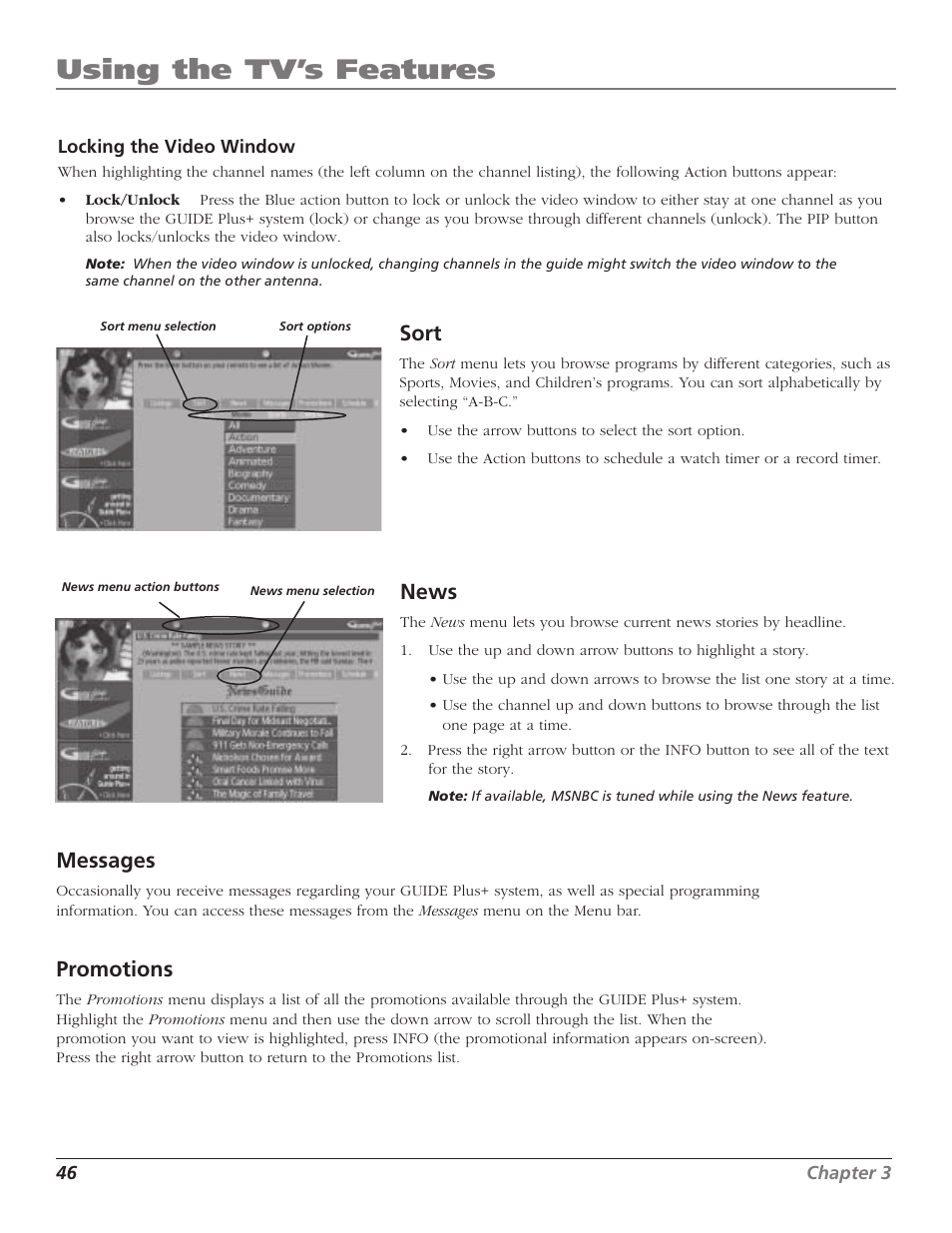 Using the tv’s features, Messages, Promotions | Sort, News | RCA HD56W41 User Manual | Page 48 / 96