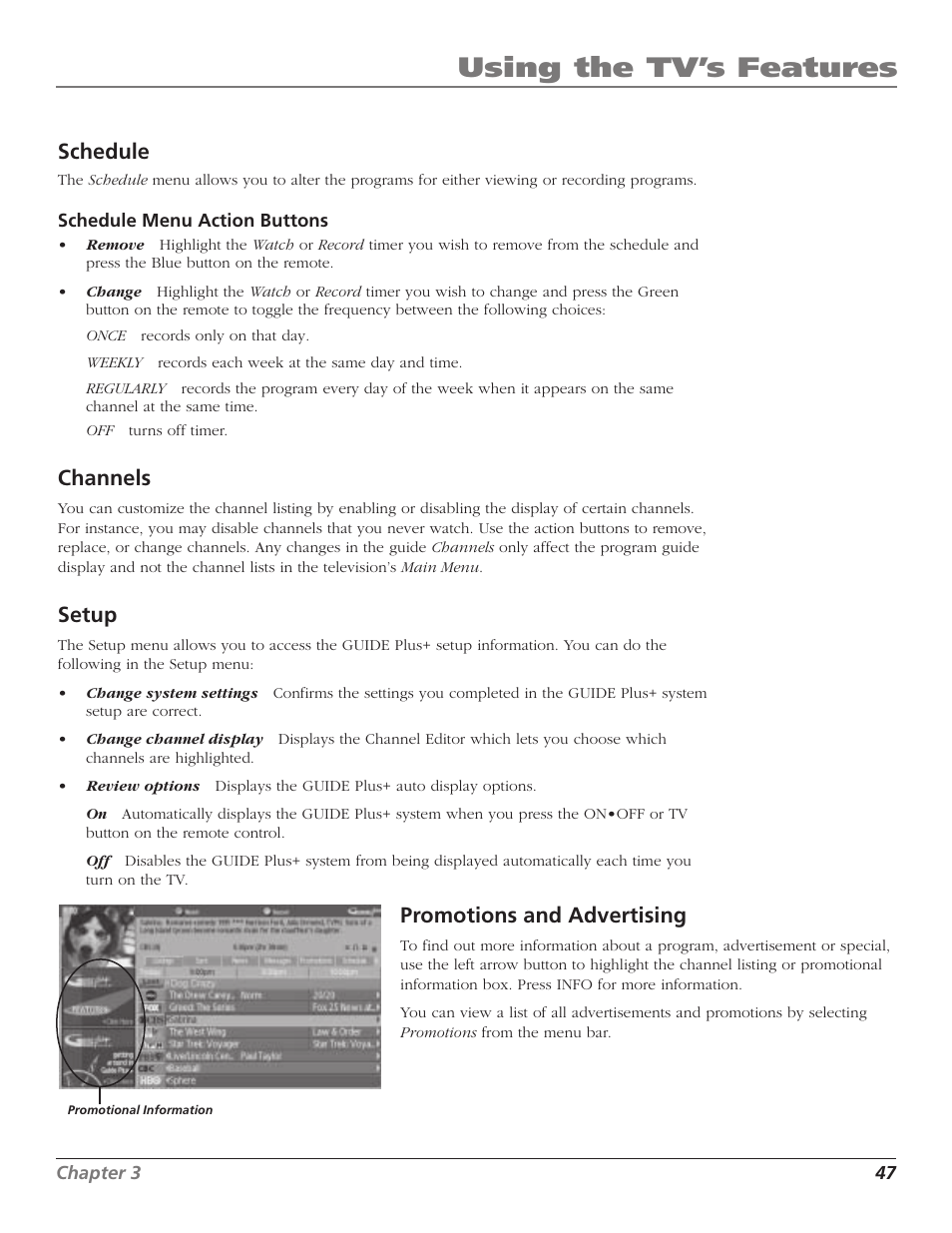 Using the tv’s features, Schedule, Channels | Setup, Promotions and advertising | RCA HD56W41 User Manual | Page 49 / 96