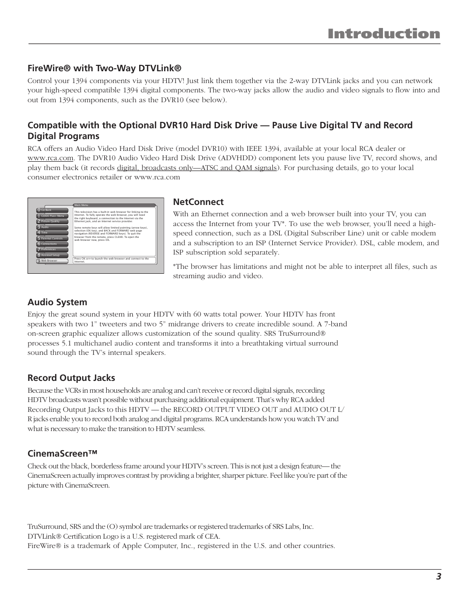 Introduction, Firewire® with two-way dtvlink, Netconnect | Audio system, Record output jacks, Cinemascreen | RCA HD56W41 User Manual | Page 5 / 96