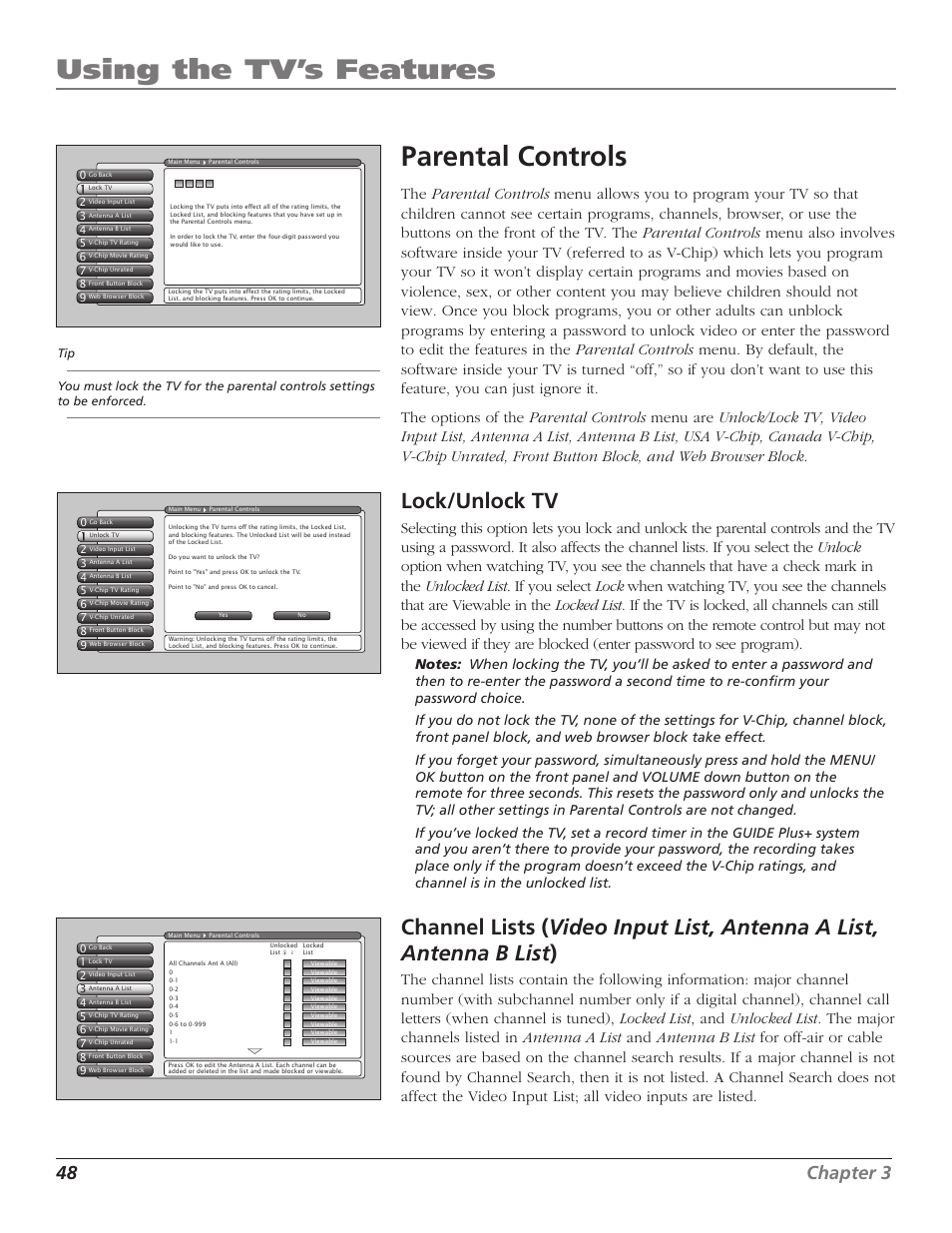 Using the tv’s features, Parental controls, Lock/unlock tv | 48 chapter 3 | RCA HD56W41 User Manual | Page 50 / 96