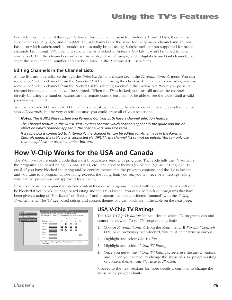 Using the tv’s features, How v-chip works for the usa and canada, Usa v-chip tv ratings | Chapter 3 49, Editing channels in the channel lists | RCA HD56W41 User Manual | Page 51 / 96