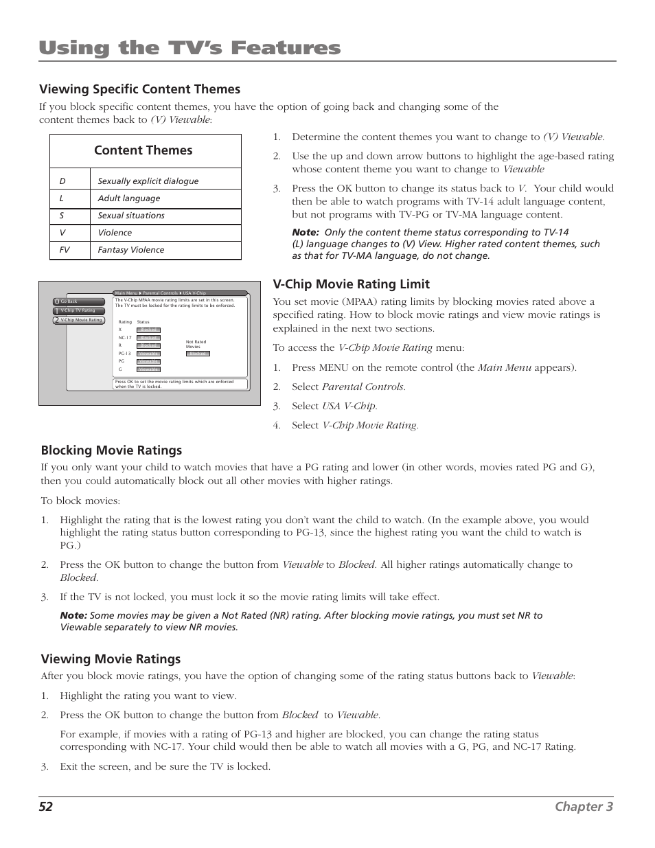 Using the tv’s features, 52 chapter 3 viewing specific content themes, Content themes | V-chip movie rating limit, Blocking movie ratings, Viewing movie ratings | RCA HD56W41 User Manual | Page 54 / 96