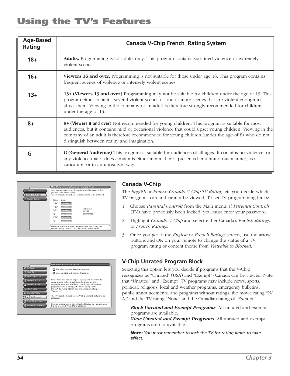 Using the tv’s features, 54 chapter 3 canada v-chip, V-chip unrated program block | RCA HD56W41 User Manual | Page 56 / 96