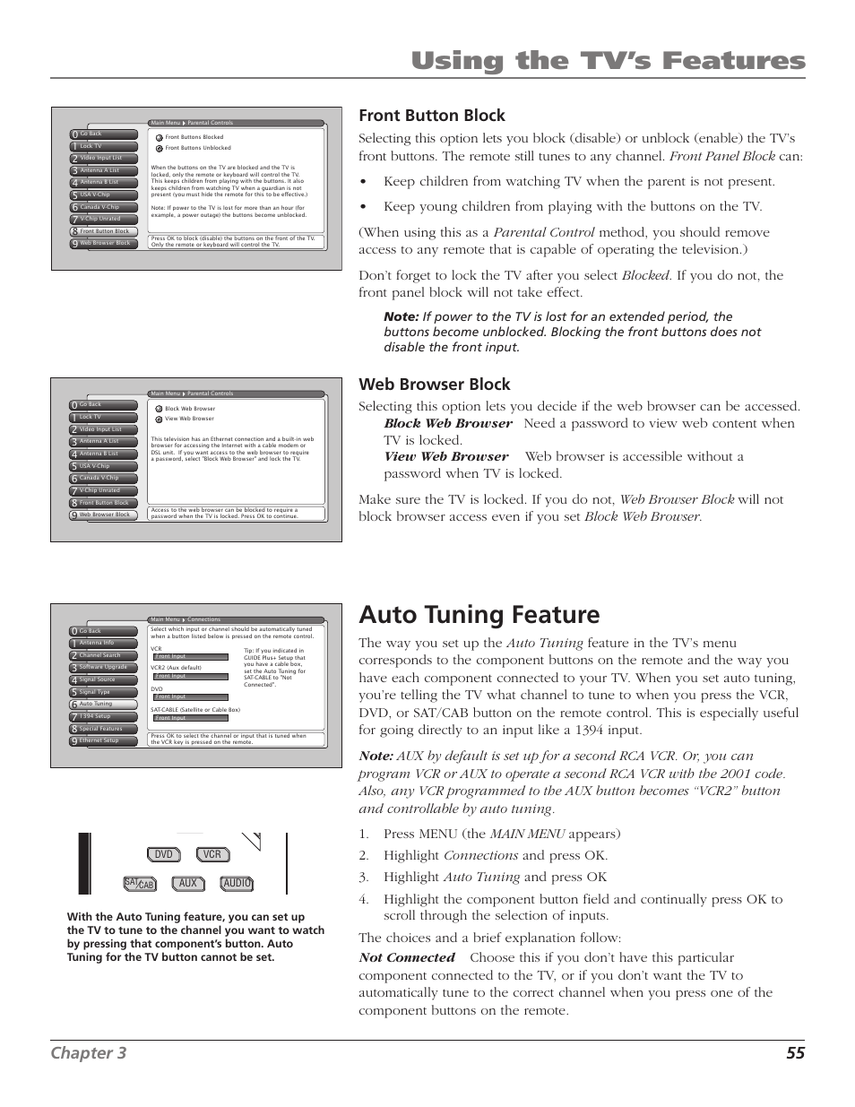 Using the tv’s features, Auto tuning feature, Chapter 3 55 front button block | Web browser block | RCA HD56W41 User Manual | Page 57 / 96