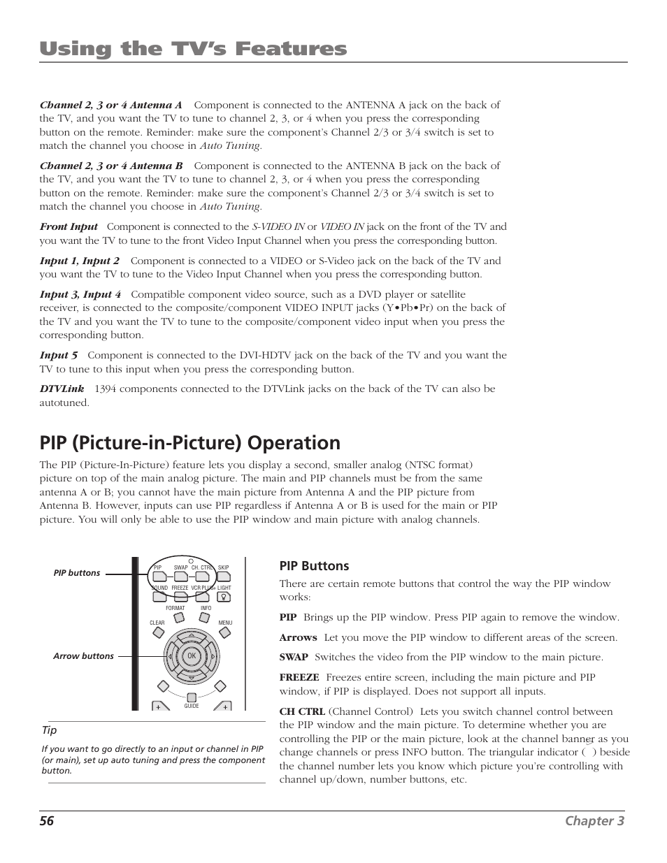 Using the tv’s features, Pip (picture-in-picture) operation, 56 chapter 3 | Pip buttons | RCA HD56W41 User Manual | Page 58 / 96