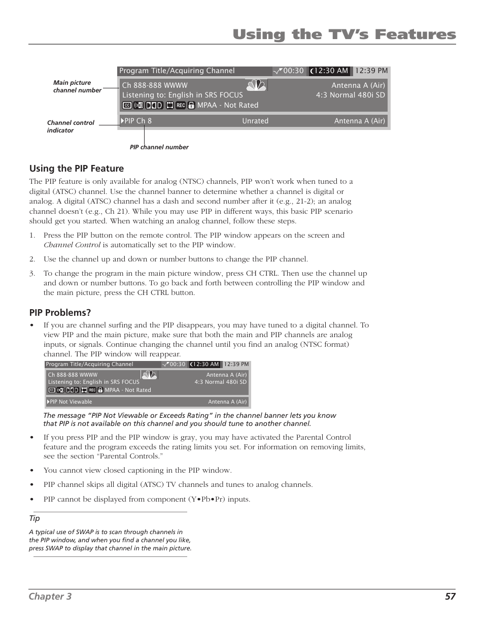 Using the tv’s features, Chapter 3 57, Using the pip feature | Pip problems | RCA HD56W41 User Manual | Page 59 / 96