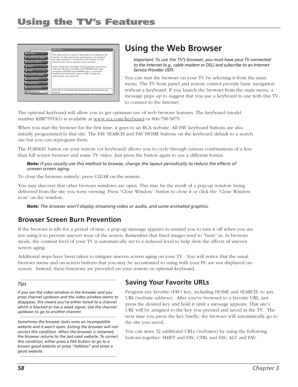 Using the tv’s features, Using the web browser, Browser screen burn prevention | Saving your favorite urls, 58 chapter 3 | RCA HD56W41 User Manual | Page 60 / 96