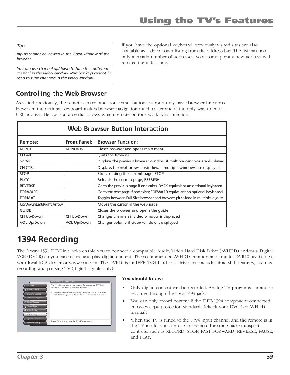 Using the tv’s features, 1394 recording, Web browser button interaction | Controlling the web browser, Chapter 3 59 | RCA HD56W41 User Manual | Page 61 / 96