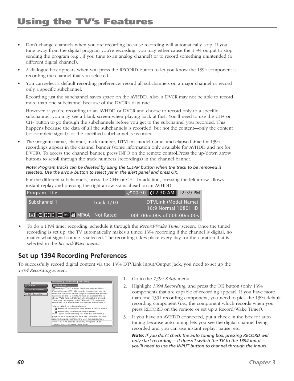 Using the tv’s features, Set up 1394 recording preferences, 60 chapter 3 | RCA HD56W41 User Manual | Page 62 / 96