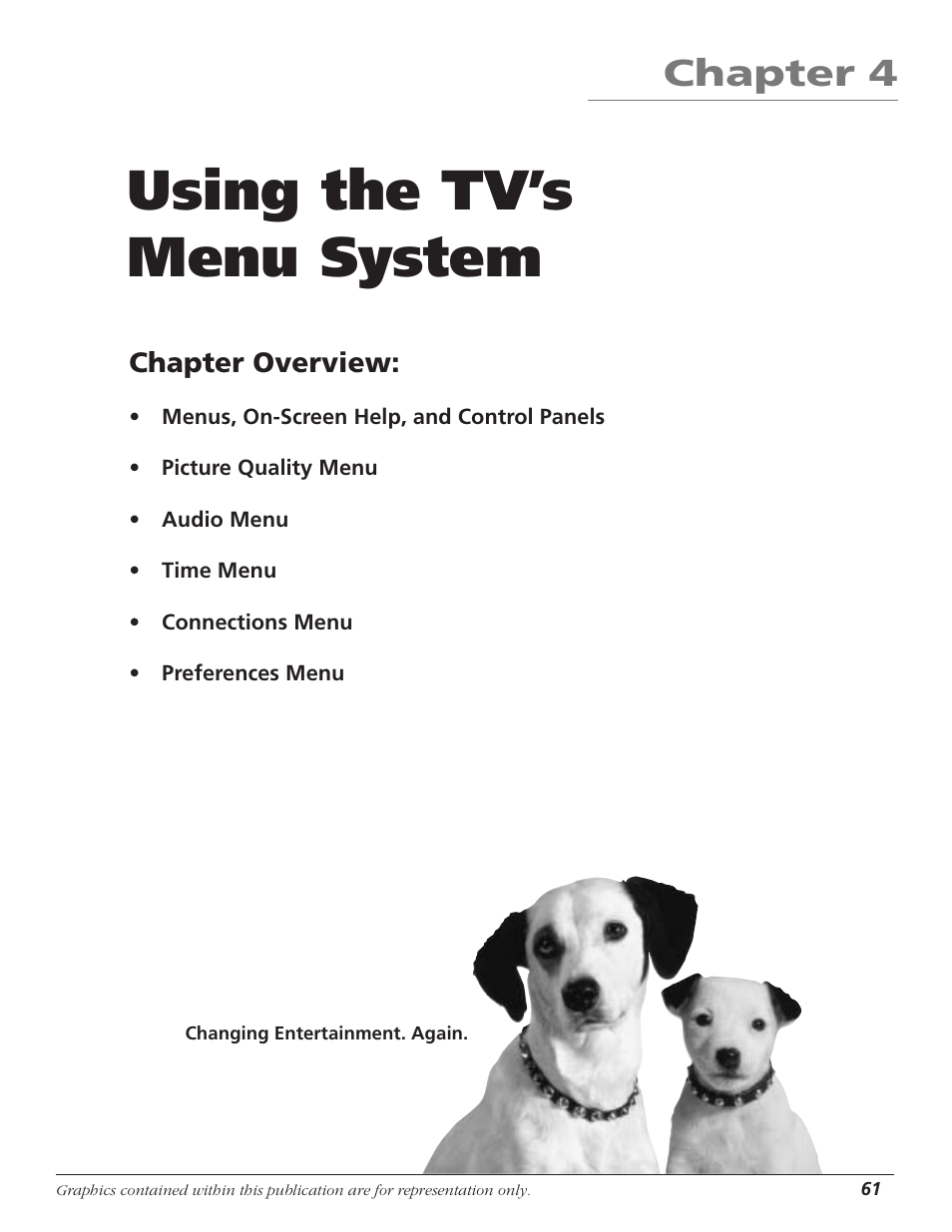 Using the tv’s menu system, Chapter 4, Chapter overview | RCA HD56W41 User Manual | Page 63 / 96