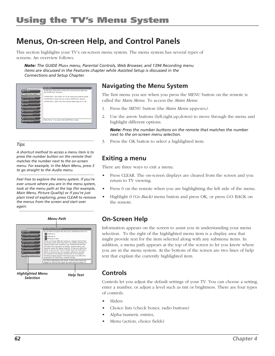 Using the tv’s menu system, Menus, on-screen help, and control panels, Navigating the menu system | Exiting a menu, On-screen help, Controls, 62 chapter 4, Tips, Press the ok button to select a highlighted item | RCA HD56W41 User Manual | Page 64 / 96